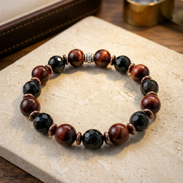 Kızıl Kaplangözü ve Gold Obsidyen Doğal Taş Bileklik - 10 mm