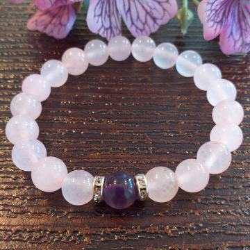 Pembe Kuvars ve Ametist Doğal Taş Bileklik - Sevgi Enerjisi Temalı