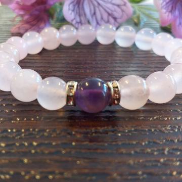 Pembe Kuvars ve Ametist Doğal Taş Bileklik - Sevgi Enerjisi Temalı