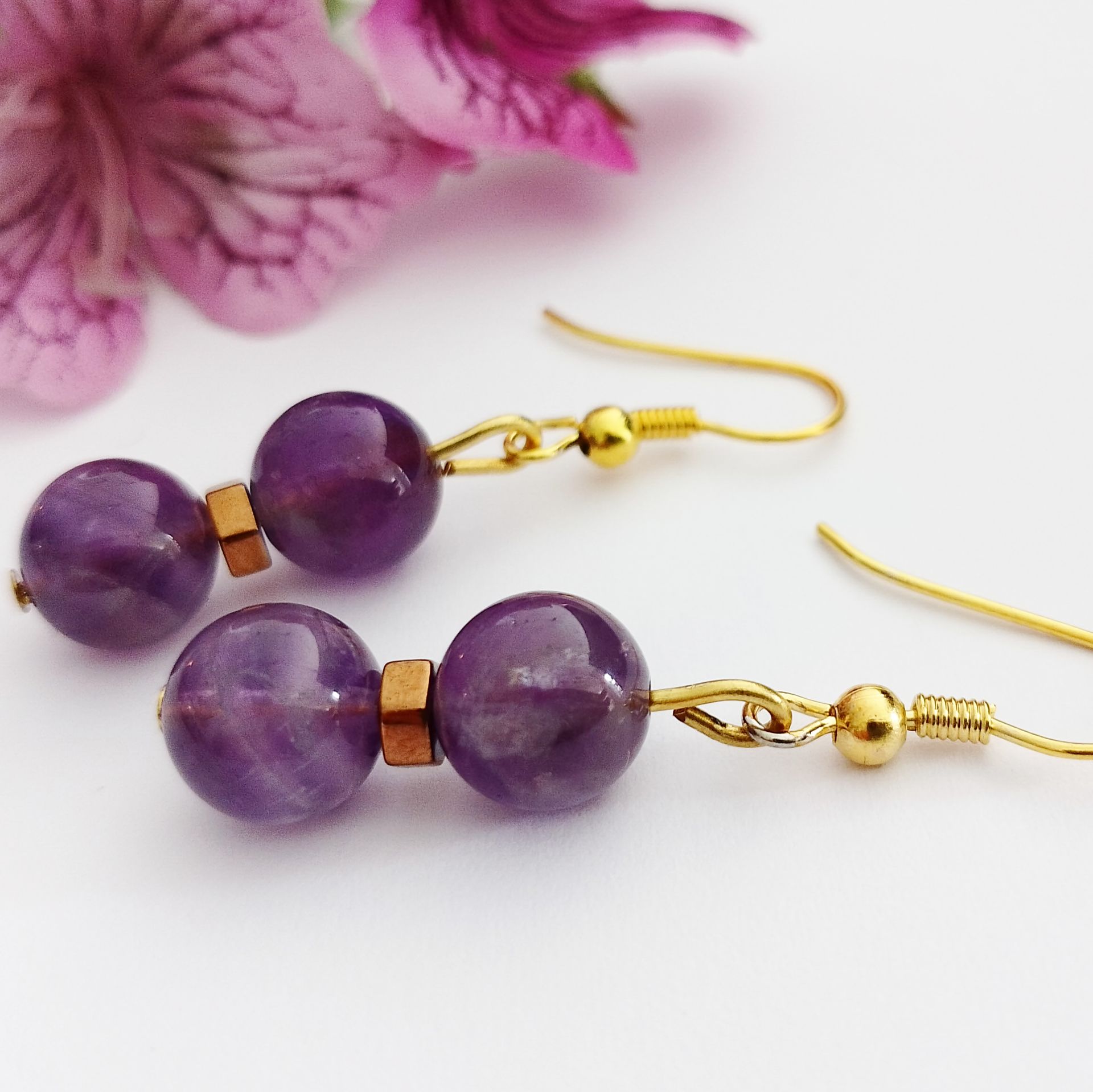 Ametist ve Hematit Taşlı Tasarım Doğal Taş Küpe