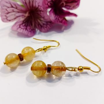 Gold Rutil Kuvars ve Hematit Taşlı Tasarım Doğal Taş Küpe