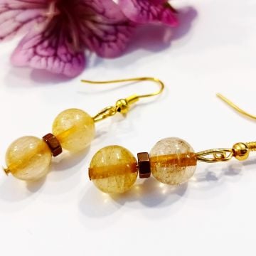 Gold Rutil Kuvars ve Hematit Taşlı Tasarım Doğal Taş Küpe