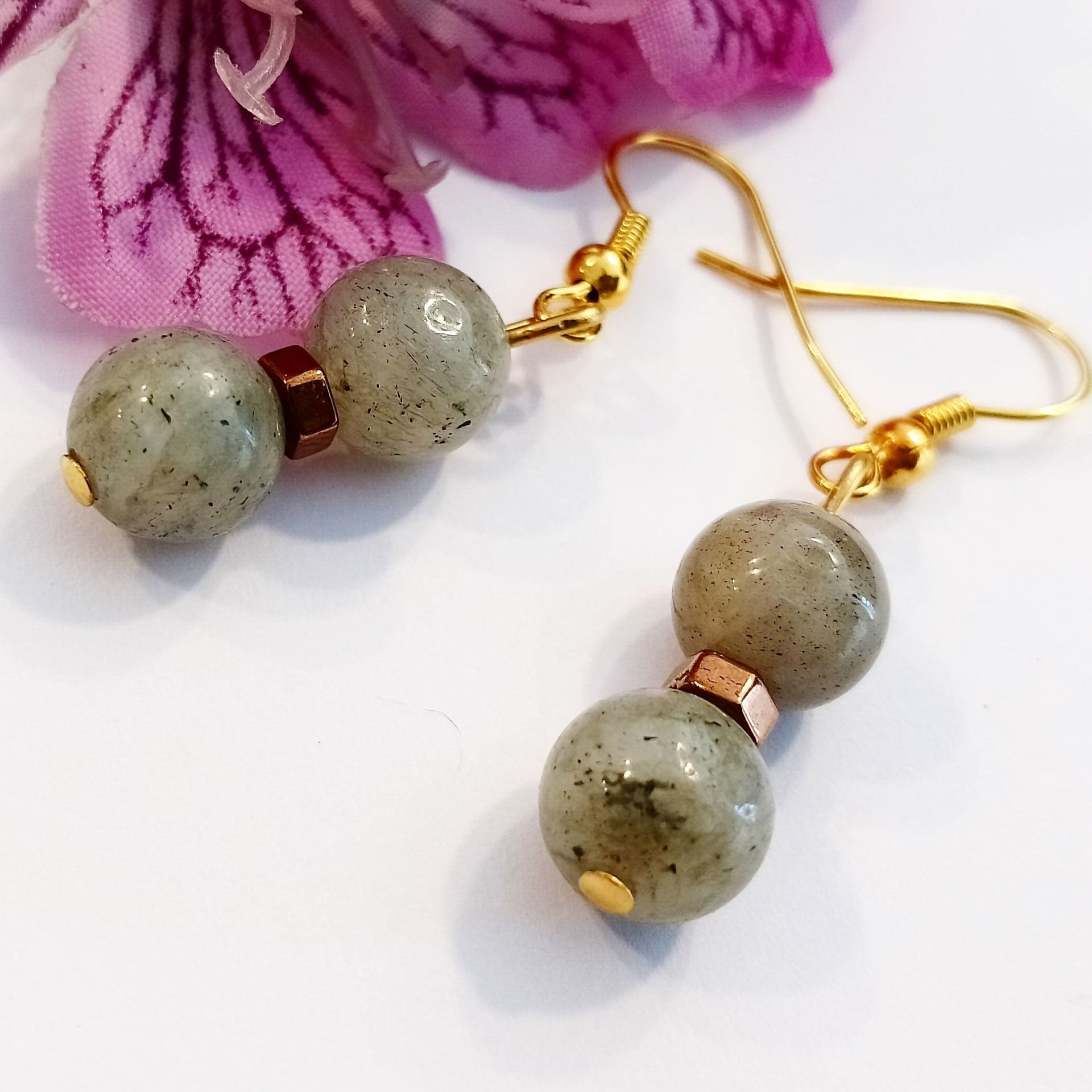 Labradorit ve Hematit Taşlı Tasarım Doğal Taş Küpe