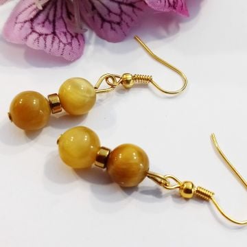 Sarı Kaplangözü ve Hematit Taşlı Tasarım Doğal Taş Küpe