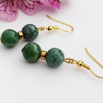 Yosunlu Akik ve Hematit Taşlı Tasarım Doğal Taş Küpe