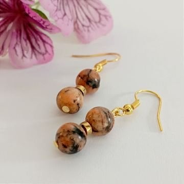 Rodonit (Gül Taşı) ve Hematit Taşlı Tasarım Doğal Taş Küpe