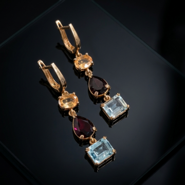 Sitrin, Lal (Garnet) ve Mavi Topaz Tasarım Gümüş Küpe
