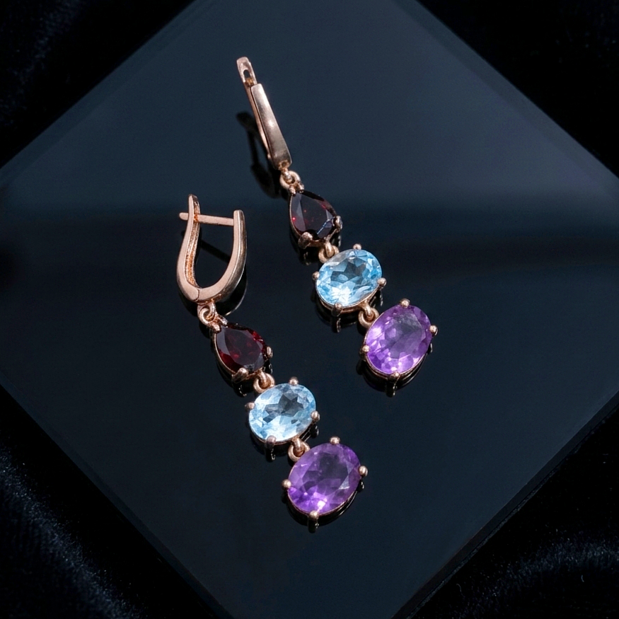 Lal (Garnet), Mavi Topaz ve Ametist Tasarım Gümüş Küpe