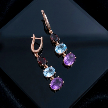 Lal (Garnet), Mavi Topaz ve Ametist Tasarım Gümüş Küpe