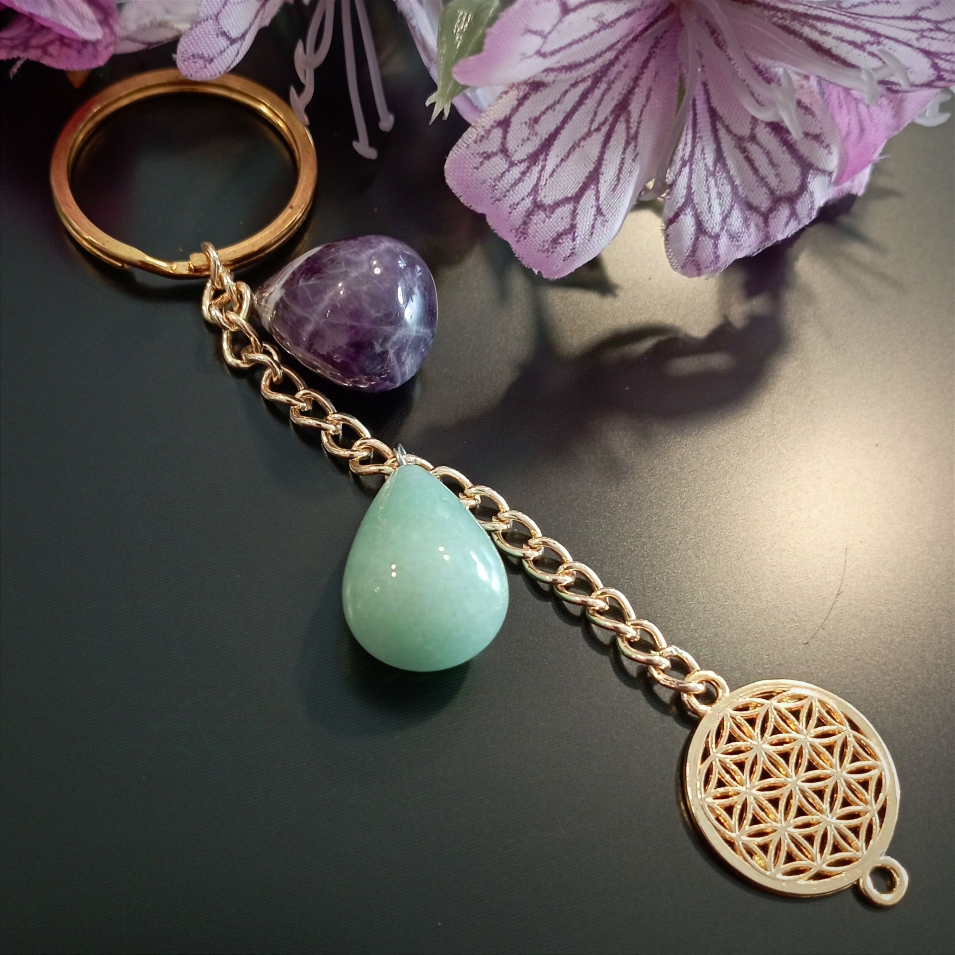 Ametist ve Aventurin Taşlı Pozitif Enerji ve Şans Yaşam Çiçeği Anahtarlık