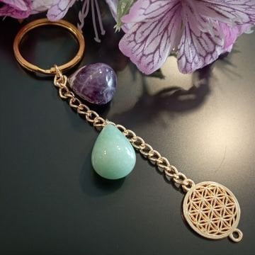 Ametist ve Aventurin Taşlı Pozitif Enerji ve Şans Yaşam Çiçeği Anahtarlık