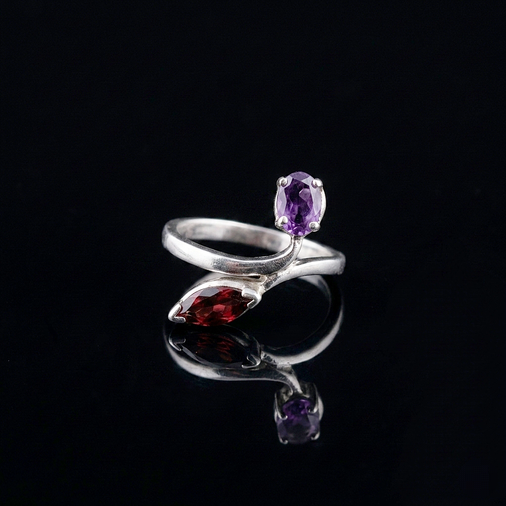Lal (Garnet) ve Ametist Taşlı Tasarım Gümüş Yüzük