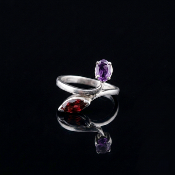 Lal (Garnet) ve Ametist Taşlı Tasarım Gümüş Yüzük