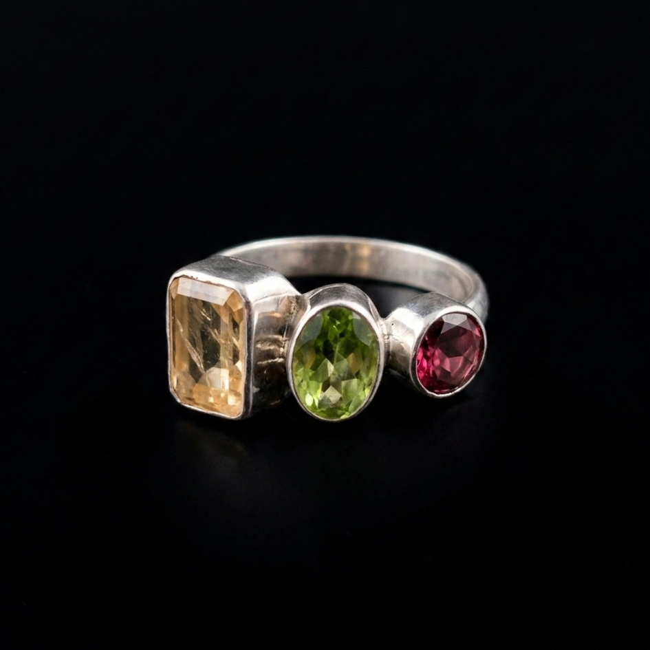 Sitrin, Zebercet (Peridot) ve Lal (Garnet) Tasarım Gümüş Yüzük