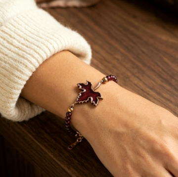 Lal (Garnet) Taşlı ve Çınar Yapraklı Sıcak Mineli Bakır Bileklik