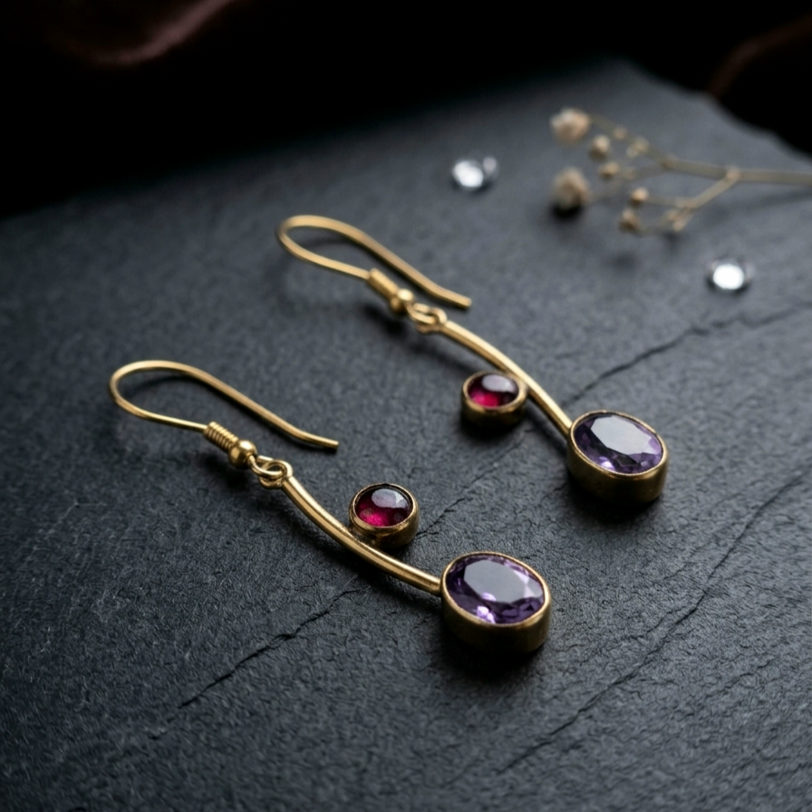 Lal (Garnet) ve Ametist Tasarım Gümüş Küpe
