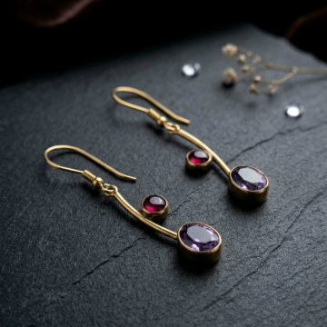 Lal (Garnet) ve Ametist Tasarım Gümüş Küpe