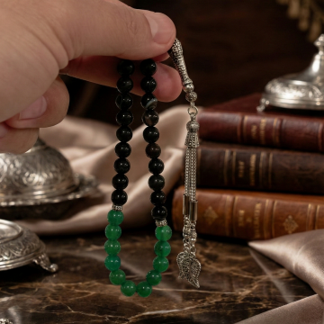 Siyah Akik ve Yeşil Akik Tasarım Doğal Taş 33 lük Tesbih