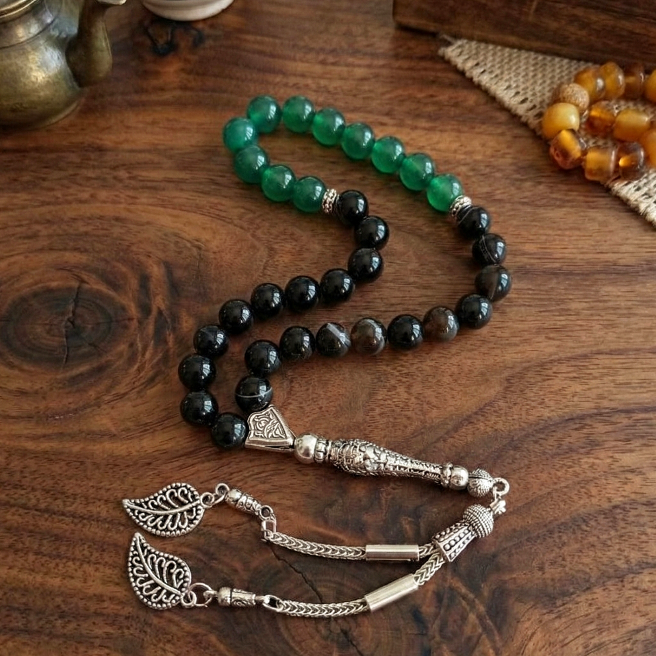 Siyah Akik ve Yeşil Akik Tasarım Doğal Taş 33 lük Tesbih