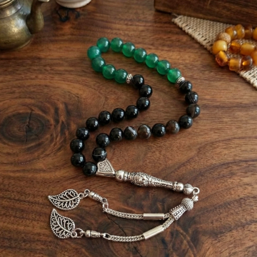 Siyah Akik ve Yeşil Akik Tasarım Doğal Taş 33 lük Tesbih