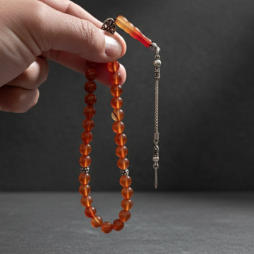 925 Ayar Gümüş Püsküllü 33 lük Akik Taşı Tesbih