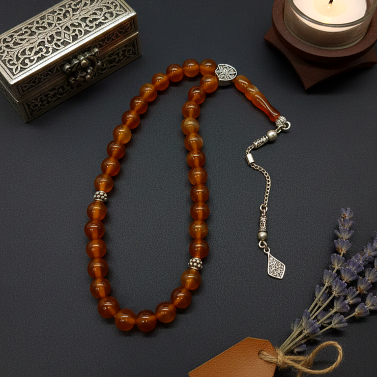 925 Ayar Gümüş Püsküllü 33 lük Akik Taşı Tesbih