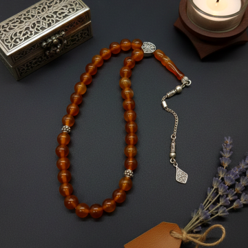 925 Ayar Gümüş Püsküllü 33 lük Akik Taşı Tesbih