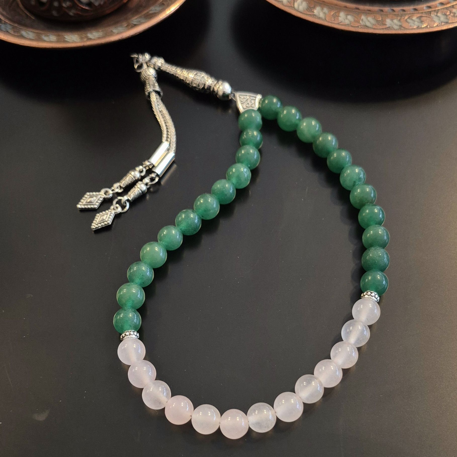 Kalp Çakra Aventurin ve Pembe Kuvars İki Renk 33 lük Tasarım Tesbih