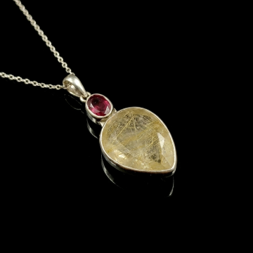 Gold Rutil Kuvars ve Lal (Garnet) Taşlı Tasarım Gümüş Kolye