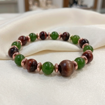 Yeşim ve Kızıl Kaplangözü Tasarım Doğal Taş Bileklik-Hematit Detaylı