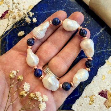 Barok İnci ve Lapis Lazuli Taşı-Hematit Detaylı Bileklik