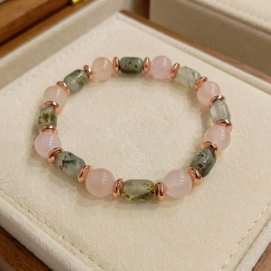 Prehnit ve Pembe Kuvars Tasarım Doğal Taş Bileklik-Hematit Detaylı