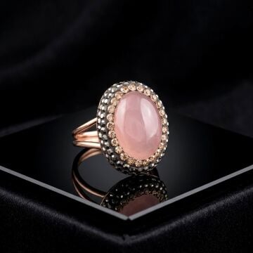 Pembe Kuvars Taşlı Tasarım Gümüş Yüzük