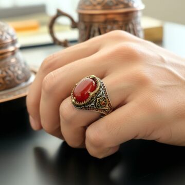 Akik Taşlı Tasarım Erkek Gümüş Yüzük