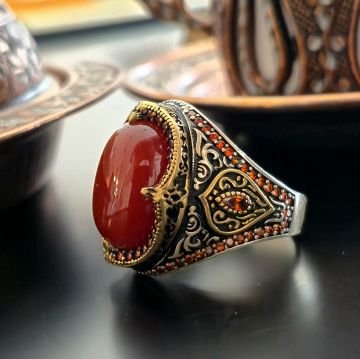 Akik Taşlı Tasarım Erkek Gümüş Yüzük