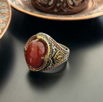 Akik Taşlı Tasarım Erkek Gümüş Yüzük