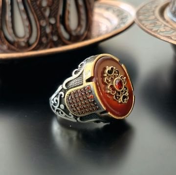 Akik Taşlı Tasarım Erkek Gümüş Yüzük