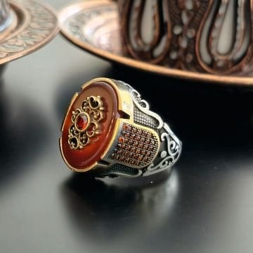 Akik Taşlı Tasarım Erkek Gümüş Yüzük