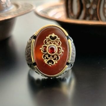 Akik Taşlı Tasarım Erkek Gümüş Yüzük