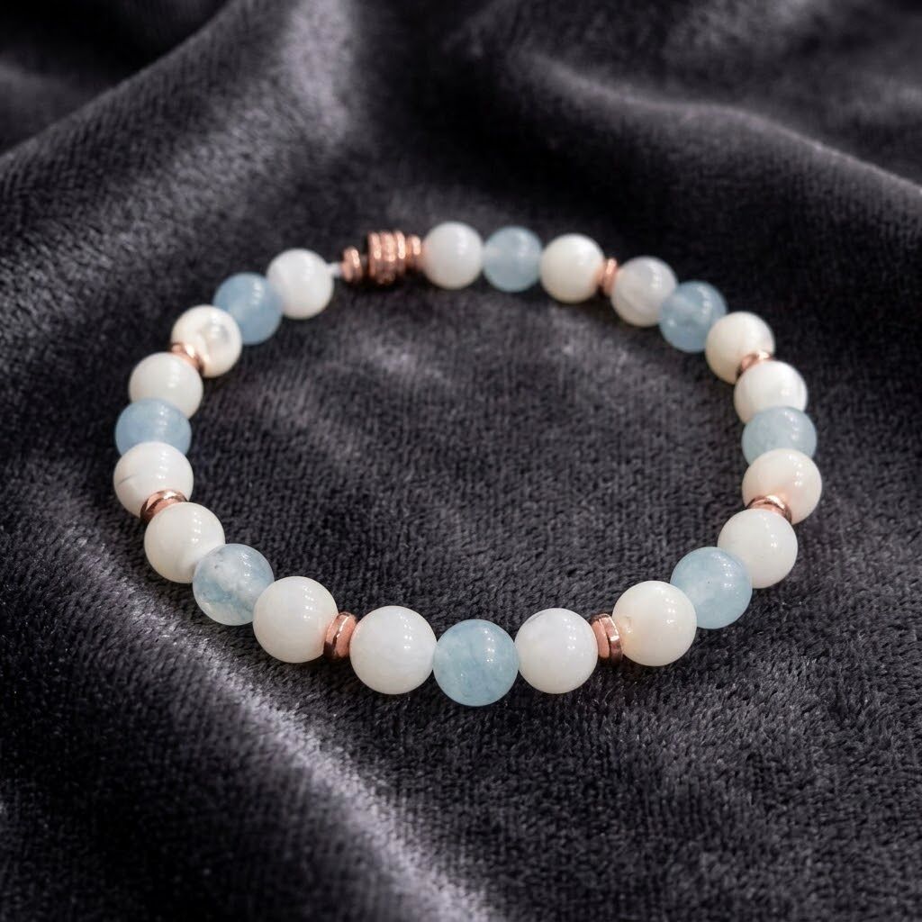 Sedef ve Akuamarin Doğal Taş Bileklik - Sakinlik, Huzur Temalı - 6mm