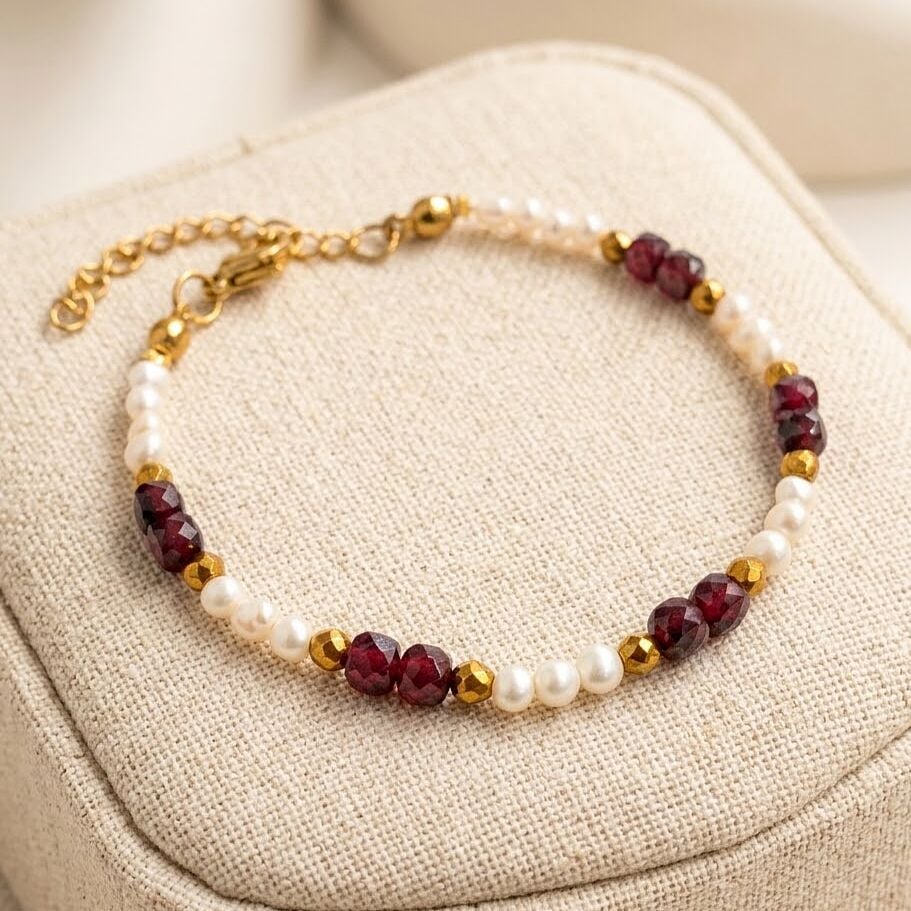 Lal (Garnet) ve İnci Doğal Taş Bileklik - Hematit Detaylı