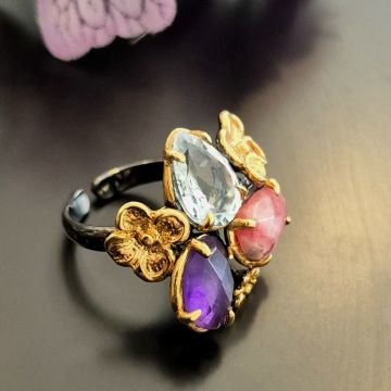 Rodokrosit, Ametist ve Mavi Topaz Tasarım Gümüş Yüzük