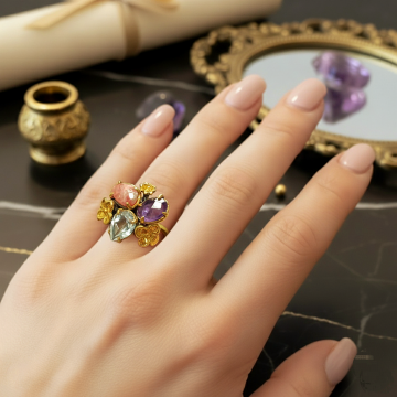 Rodokrosit, Ametist ve Mavi Topaz Tasarım Gümüş Yüzük