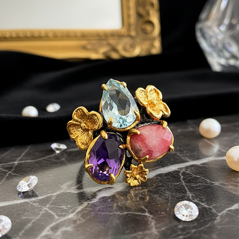 Rodokrosit, Ametist ve Mavi Topaz Tasarım Gümüş Yüzük