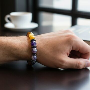 Sarı Kaplangözü, Ametist ve Siyah Akik Doğal Taş Bileklik