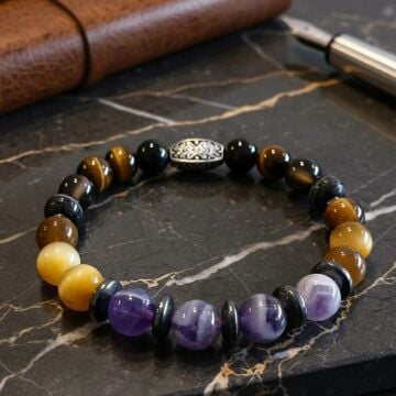 Sarı Kaplangözü, Ametist ve Siyah Akik Doğal Taş Bileklik