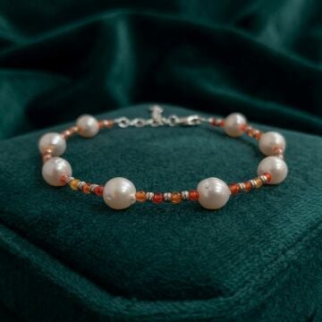 Hessonite Garnet (Lal) ve İnci Tasarım Gümüş Bileklik