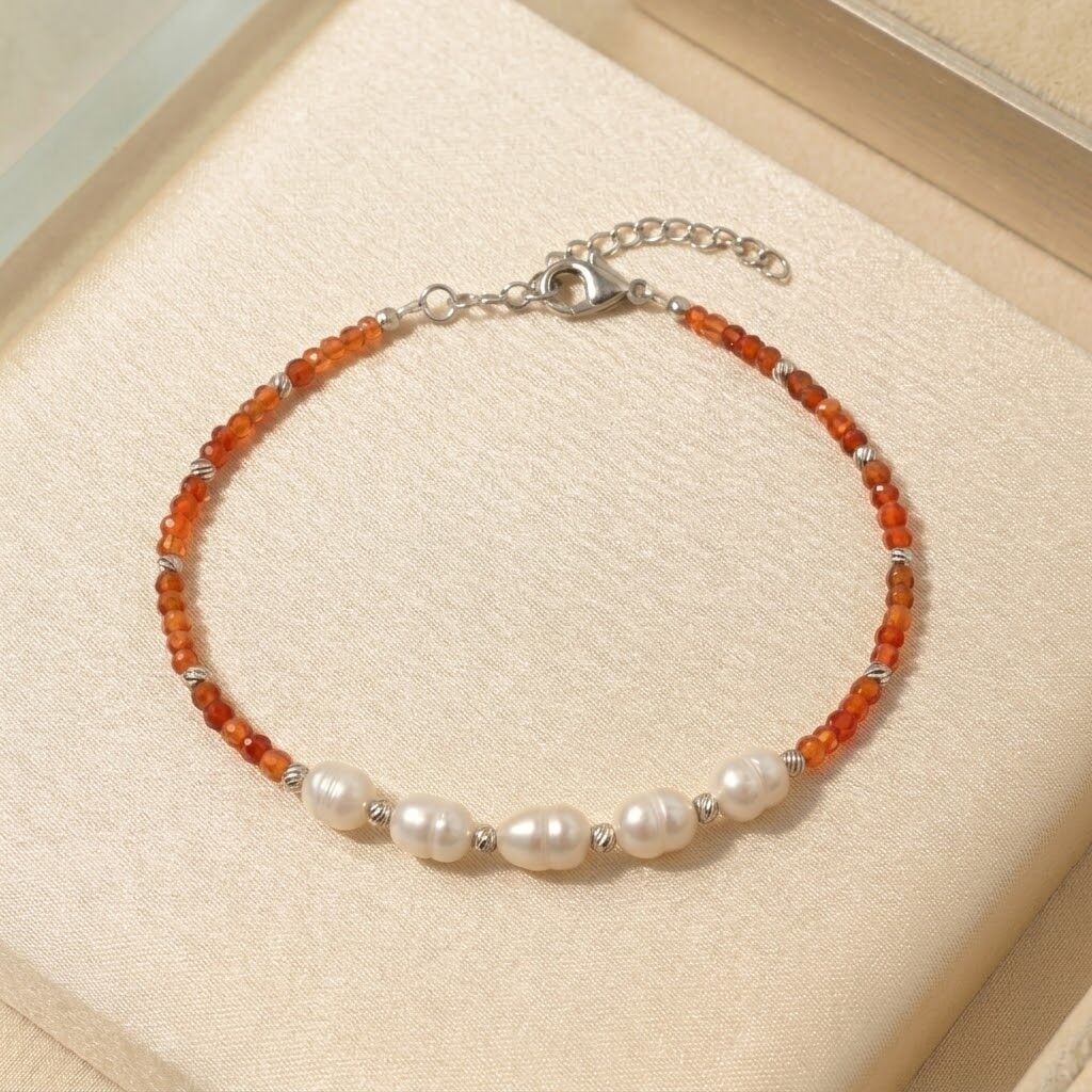 Hessonite Garnet (Lal) ve İnci Tasarım Gümüş Bileklik