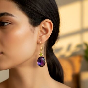 Ametist ve Peridot ( Zebercet) Taşı Tasarım Gümüş Küpe