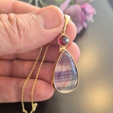 Florit ve Lal (Garnet) Taşı Tasarım Gümüş Kolye